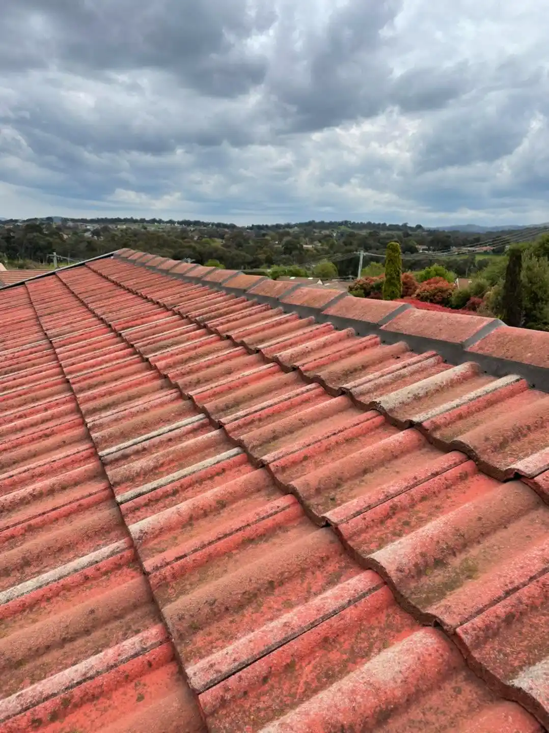 Rooftop view along the restored terracotta tile ridge and valley on the Canberra home